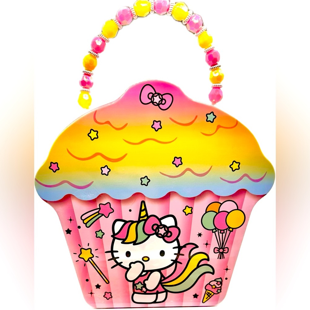 Hello Kitty Unicorn Cupcake Purse/Lunch Tin Box & Beaded Handle w/Stickers